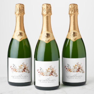 70th Birthday White Pumpkin Fall Flowers Custom Sparkling Wine Label