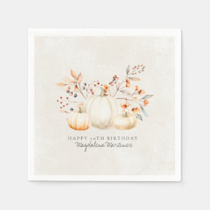 70th Birthday White Pumpkin Fall Leaves Custom Napkins