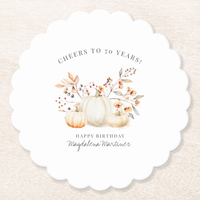 70th Birthday White Pumpkin Fall Leaves Custom Paper Coaster (Front)