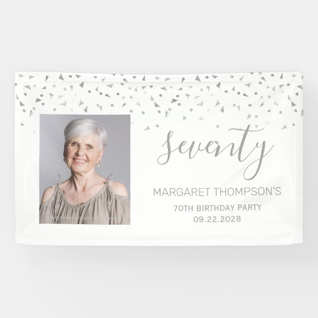 70th Birthday White Silver Confetti Photo Banner (Horizontal)