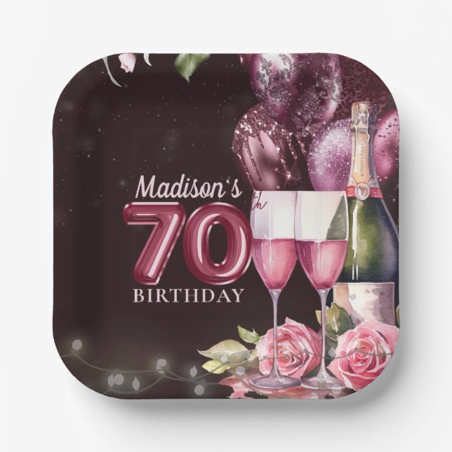 70th Birthday Wine & Balloons Personalized Paper Plates (Front)