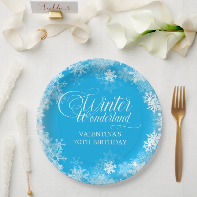 70th Birthday Winter Wonderland Snowflake Blue Paper Plates (Wedding)