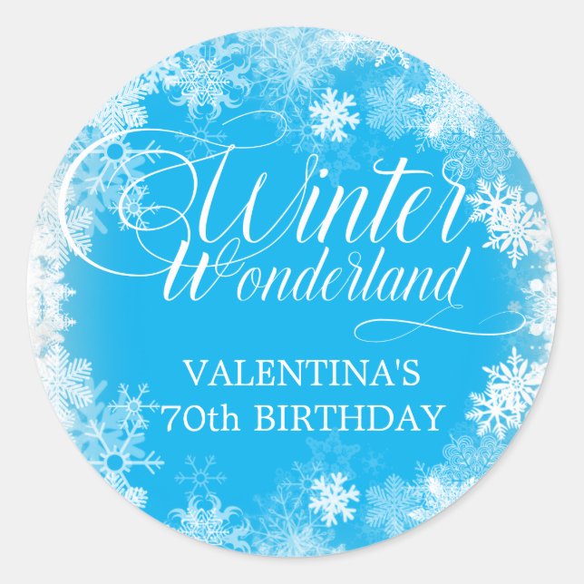 70th Birthday Winter Wonderland Snowflake Favor Classic Round Sticker (Front)