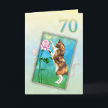 70th Birthday with a playful cat Card<br><div class="desc">A cute calico cats play at chasing a yellow butterfly that has landed on a red rose.An extra special card for a cat lover. Copyright Norma Cornes.</div>