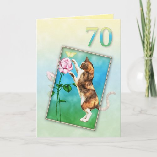 70th Birthday with a playful cat Card