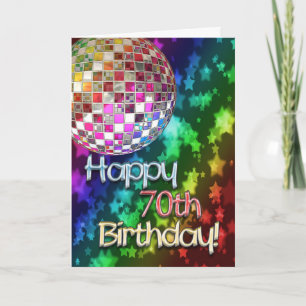 70th birthday with disco ball and rainbow of stars card