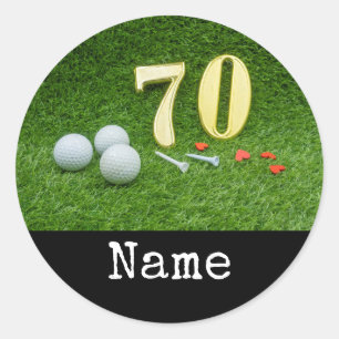 70th Birthday with golf ball and tee on green Classic Round Sticker