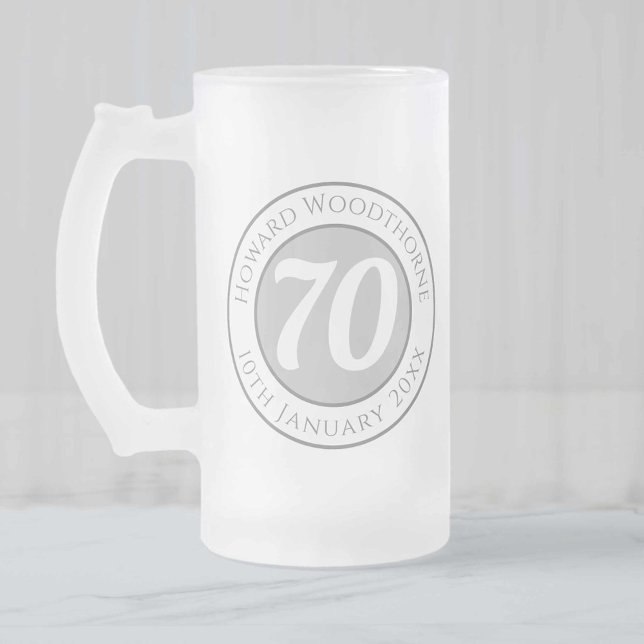 70th Birthday with Name, Age, & Date Frosted Glass Beer Mug (Creator Uploaded)
