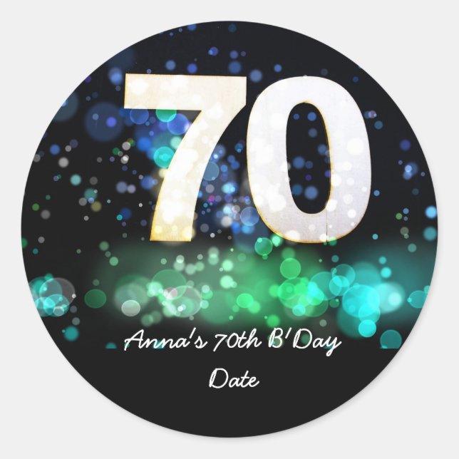 70th Birthday with number 70 bogeh background Classic Round Sticker (Front)
