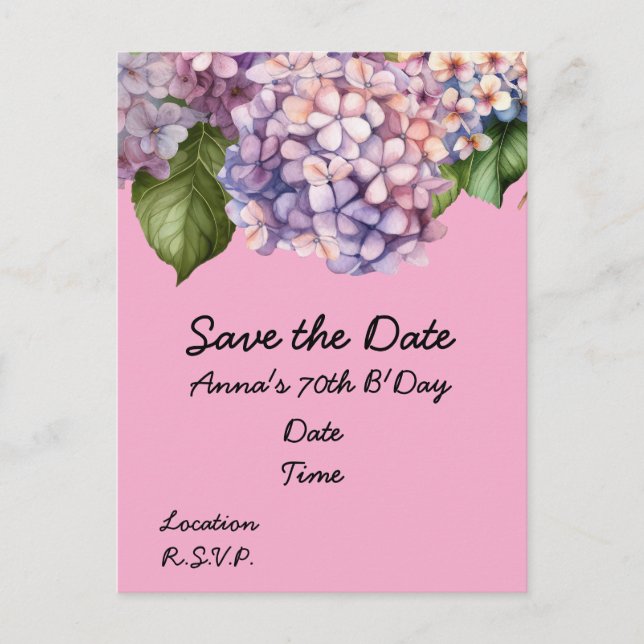 70th Birthday with pink hydrangea flowers Postcard (Front)