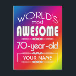 70th Birthday Worlds Best Fabulous Rainbow Postcard<br><div class="desc">Celebrate the milestone birthday of your favorite senior citizen with this fun gift reminding them of how fabulous they are. White and grey lettering on colorful rainbow background. Customize with names, initials or other text. This series is in increments of 5 years (95, 90, 85, 80... ). If you'd like...</div>