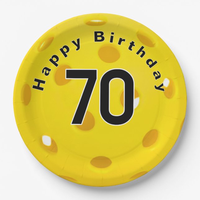 70th Birthday Yellow Pickleball Paper Plates (Front)