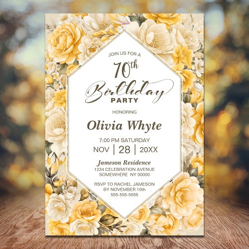 70th Birthday Yellow Rose Floral Party Invitation