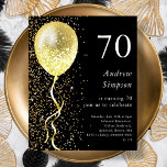 70th | Black & Gold Birthday Budget Invitation<br><div class="desc">Celebrate your special day in style with our black and gold glitter balloon birthday invitation! This affordable customizable paper invitation features a sleek black background with an eye-catching gold balloon and a cascade of gold glitter, creating a sophisticated and festive design that will make your guests feel excited to attend...</div>