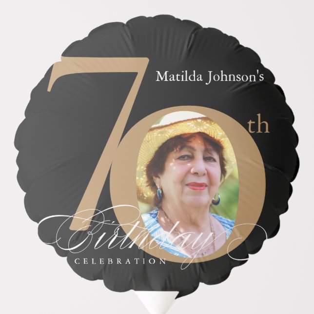 70th Black Gold Elegant Calligraphy Photo Birthday Balloon (Front)