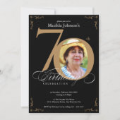 70th Black Gold Elegant Calligraphy Photo Birthday Invitation (Front)