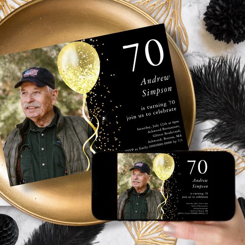 70th  Black  Gold Glitter Photo Birthday  Invitation
