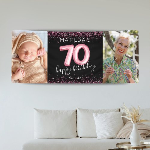 70th Black Pink Happy Birthday Photo Banner