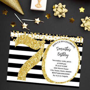 70th Black White and Gold Glitter Modern Birthday Invitation