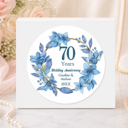 70th Blue Floral Platinum Wedding Anniversary Classic Round Sticker