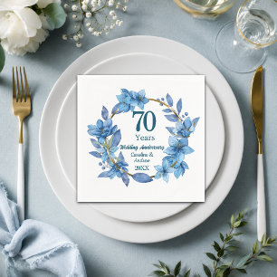 70th Blue Floral Platinum Wedding Anniversary  Napkins