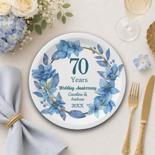 70th Blue Floral Platinum Wedding Anniversary Paper Plates
