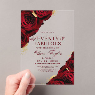 70th Burgundy Red Roses Birthday Acrylic Invitations