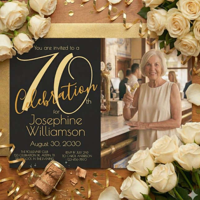 70th Celebration Photo Black Gold 70th Birthday Invitation (Creator Uploaded)