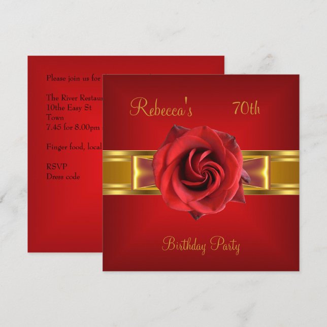 70th Colorful Royal Red Flower Yellow Gold Bow Invitation (Front/Back)