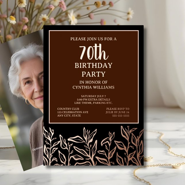 70th Custom Birthday Party Botanical Elegant Brown Foil Invitation (Creator Uploaded)