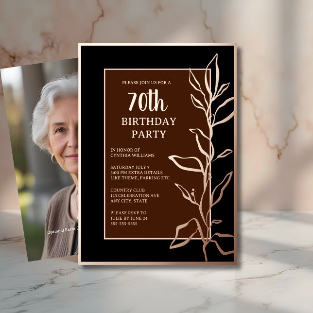 70th Custom Birthday Party Botanical Elegant Brown Foil Invitation (Creator Uploaded)
