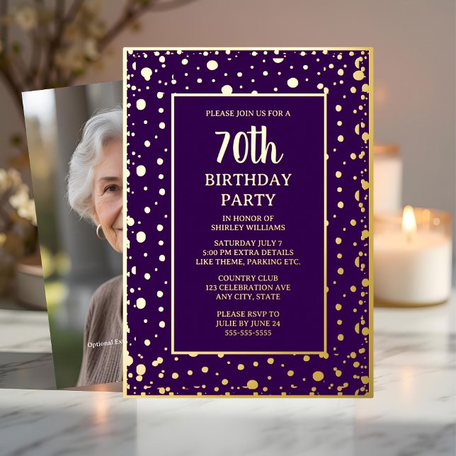 70th Custom Birthday Party Gold Purple Textured Foil Invitation (Creator Uploaded)