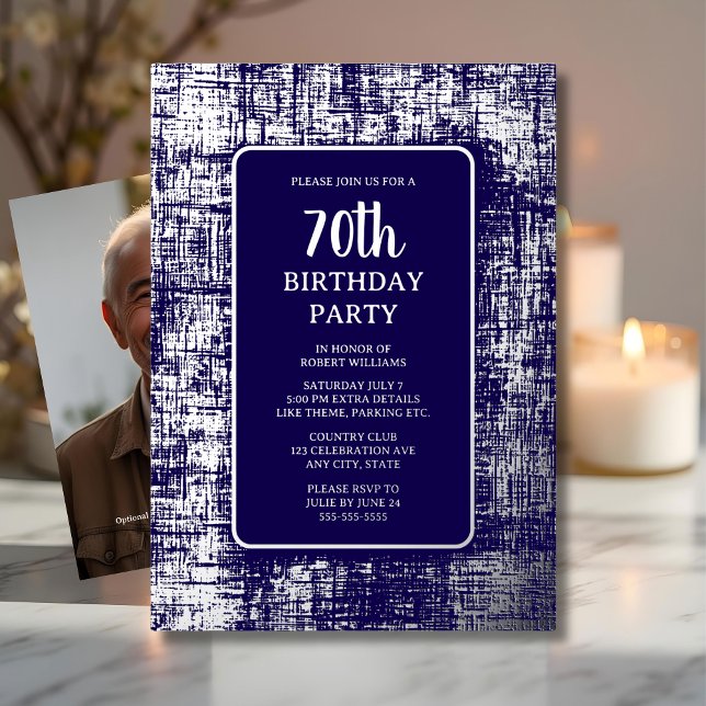 70th Custom Birthday Party Siver Navy Classy  Foil Invitation (Creator Uploaded)