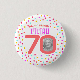 70th custom photo colorful coral confetti birthday button