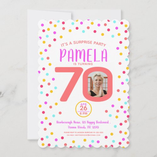 70th custom photo colorful coral confetti birthday invitation