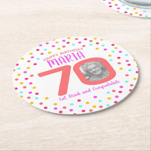 70th custom photo colorful coral confetti birthday round paper coaster