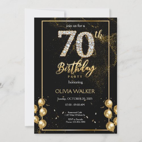 70th Diamond Black and Gold Birthday  Invitation