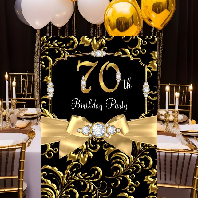 70th Elegant Gold Bow black Diamond Birthday party Invitation (Creator Uploaded)