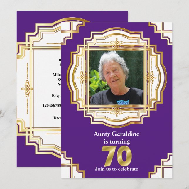 70th elegant gold purple white photo frame seventy invitation (Front/Back)