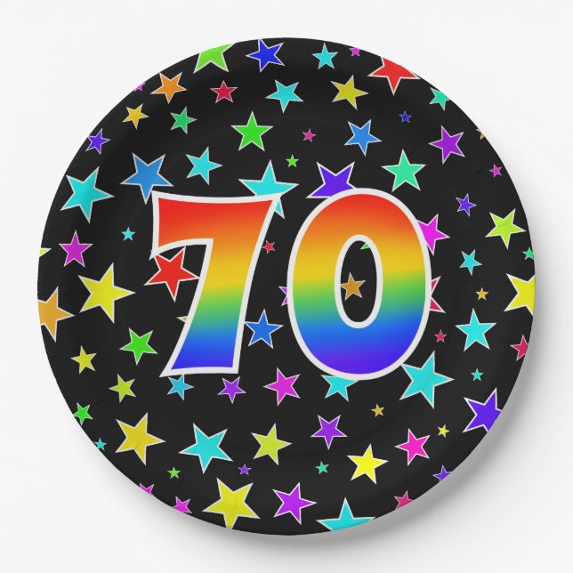 70th Event: Bold, Fun, Colorful Rainbow 70 Paper Plates (Front)