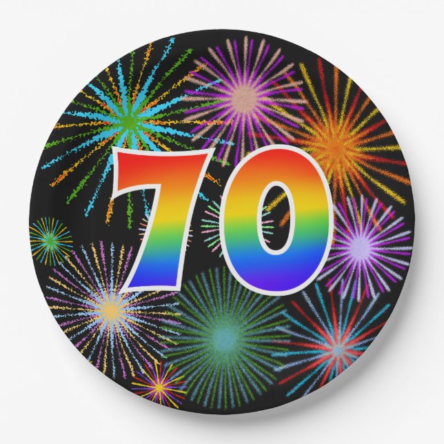 70th Event - Fun, Colorful, Bold, Rainbow 70 Paper Plates (Front)