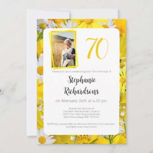 70th floral flowers photo yellow birthday party invitation