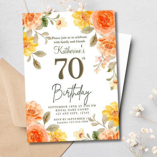 70th Floral Orange Yellow Boho Watercolor Birthday Invitation