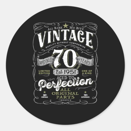 70Th For Him 1951 Aged To Perfection Classic Round Sticker