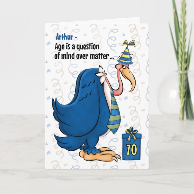 70th Funny Birthday Blue Buzzard with Name Card (Front)