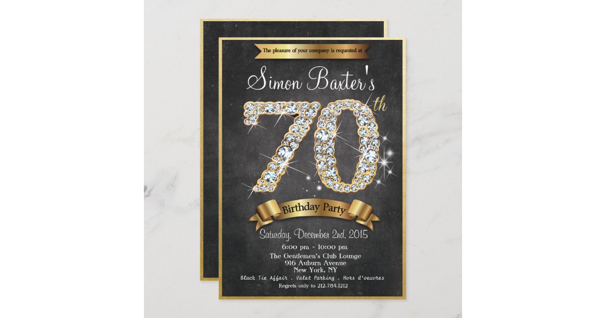 70th Gold Diamond Chalkboard Birthday Invitation | Zazzle