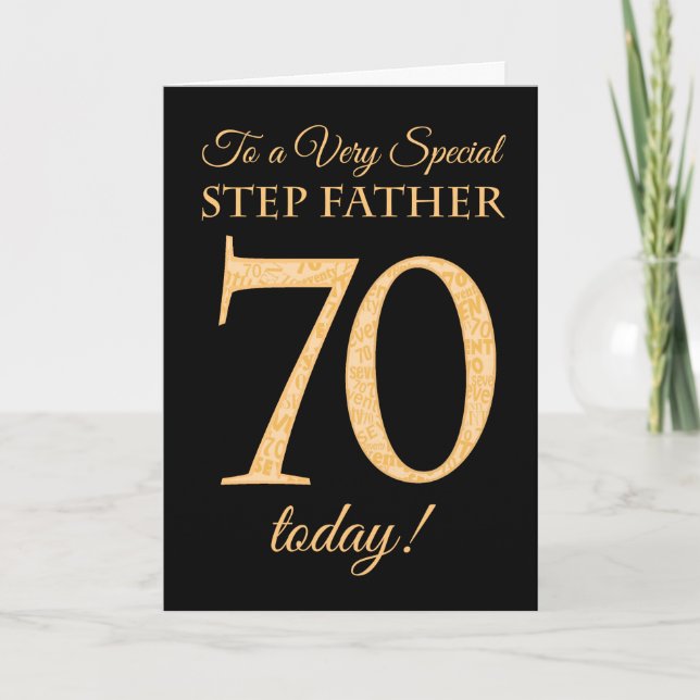 70th Gold-effect on Black, for Stepfather Birthday Card (Front)