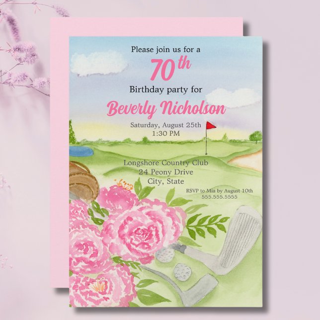 70th Golf Birthday Party Peonies On Golf Course Invitation (Creator Uploaded)