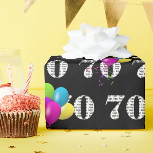 70th Happy Birthday Balloons On Black Wrapping Paper (Birthday Party)