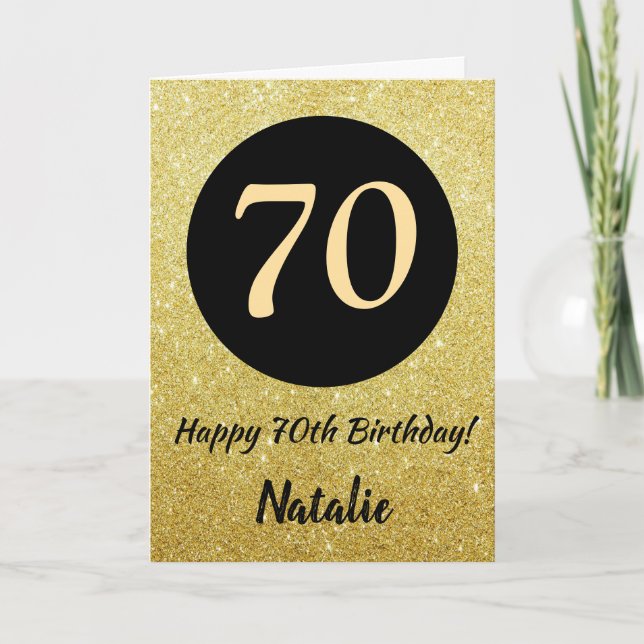70th Happy Birthday Black and Gold Glitter Card (Front)